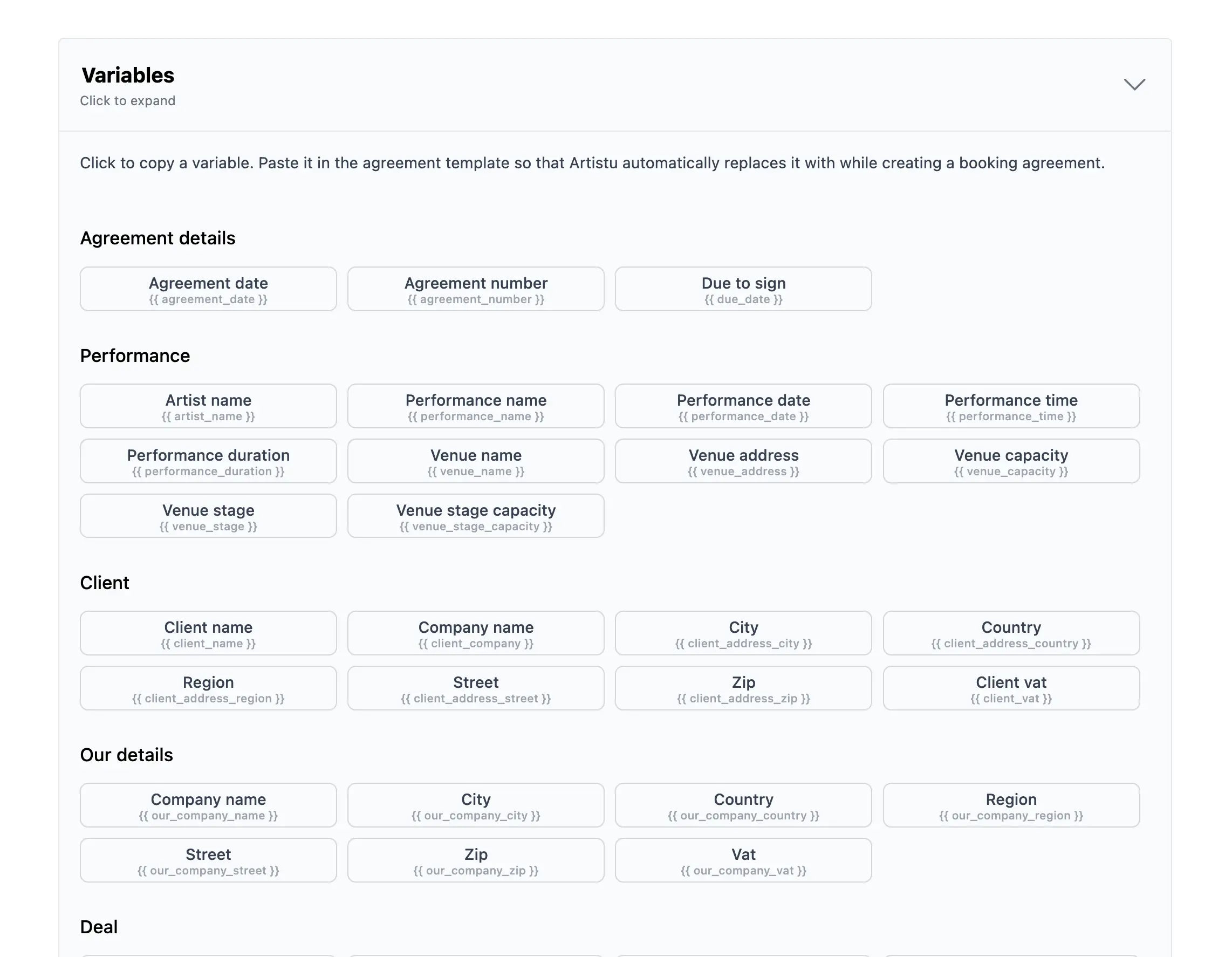 Agreement template variables list